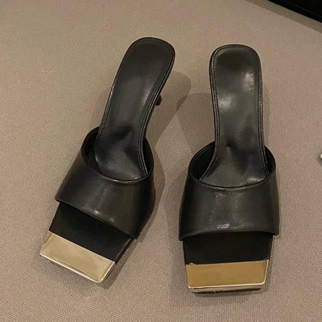 Niedrige dünne High Heels Frauen grüne Leder Hausschuhe Mode Metall Dekoration Square Toe Sommer Sandalen Slides Schuhe Pumps 39 schwarz von Joom DACH