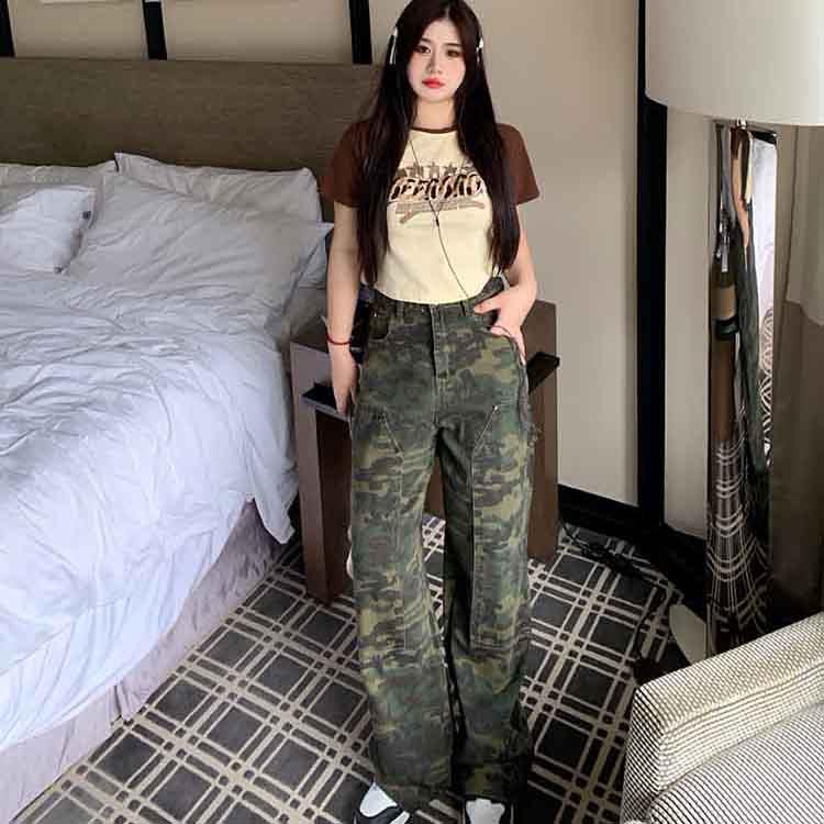 Nische Camouflage Straight Jeans für Damen Herbst und Winter Neues High-Waist-Design Lockere Weitbein-Hose XXL von Joom DACH