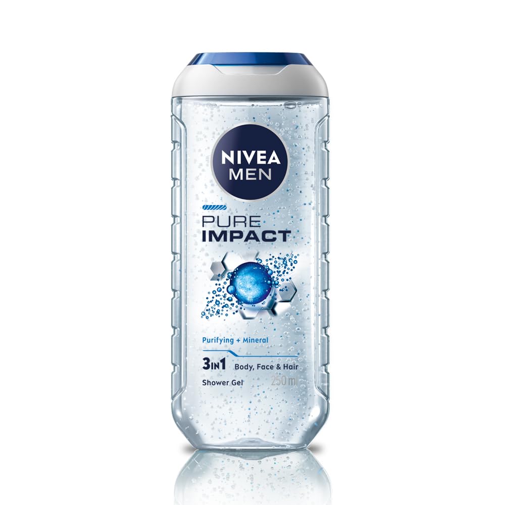 Nivea Men Pure Impact 3-in-1 Duschgel für Körper, Gesicht, Haar 250ml Tiefenreinigung, Feuchtigkeitsspendende Waschlotion mit Peelingperlen, Frischer Duft von Joom DACH