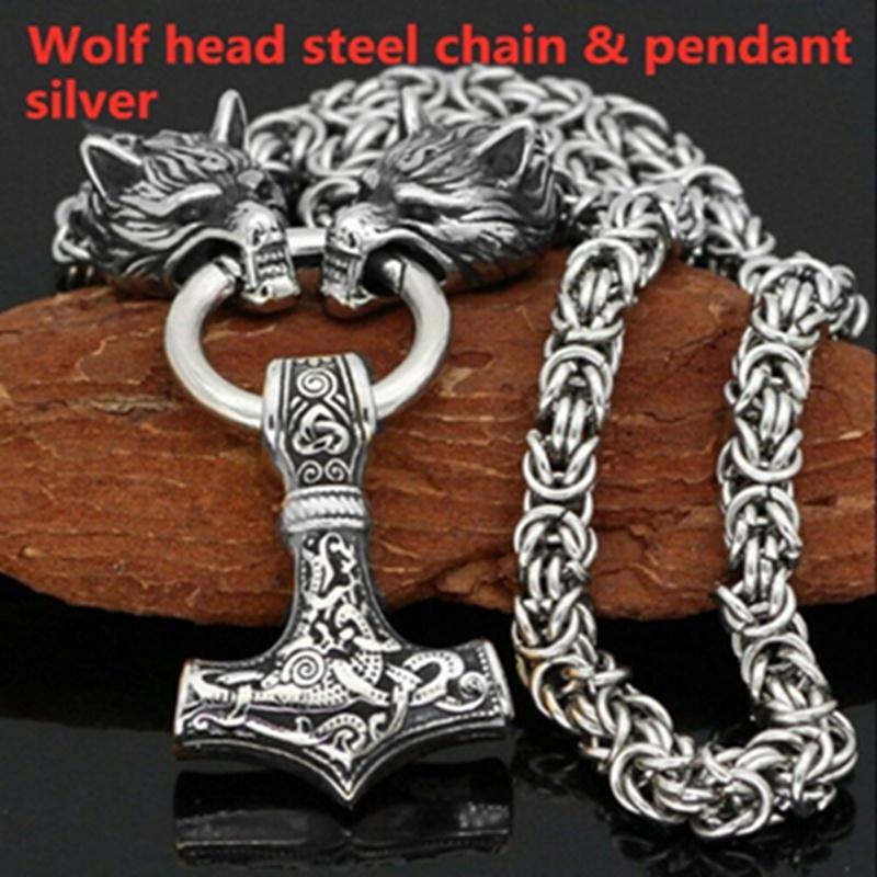 Nordic Herren 316L Edelstahl Wikinger Wolfskopf Stahlkette und Thors Hammer Mjolnir Anhänger Halskette Wikinger Herren Amulett Schmuck Geschenk silber von Joom DACH