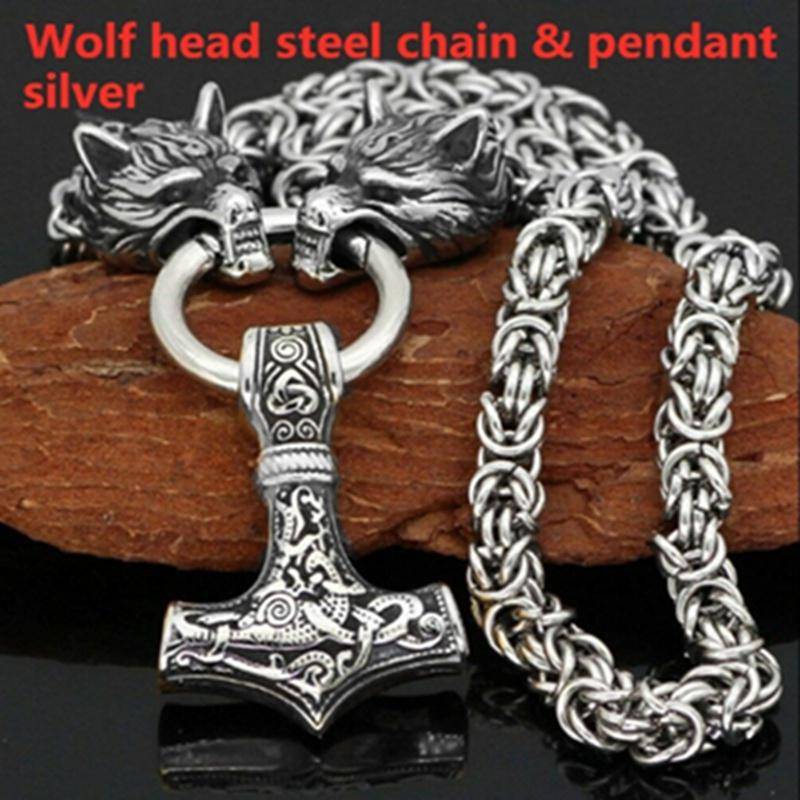 Nordic Herren 316L Edelstahl Wikinger Wolfskopf Stahlkette und Thors Hammer Mjolnir Anhänger Halskette Wikinger Herren Amulett Schmuck Geschenk silber von Joom DACH