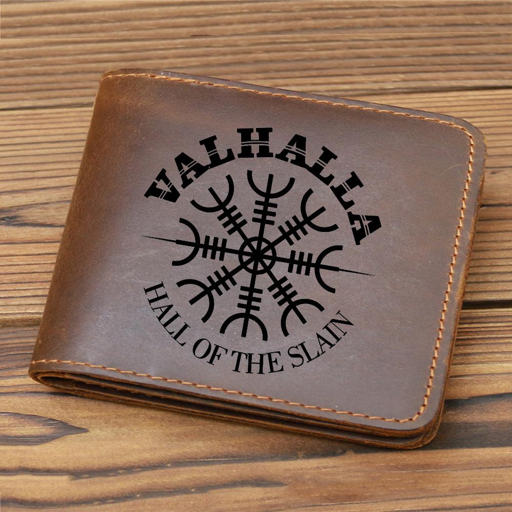 Nordische Mythologie Valhalla Wikinger Lederbrieftasche für Herren mit Münzfach Hall of The Slain Minimalistische Geldbörse aus echtem Leder braun von Joom DACH