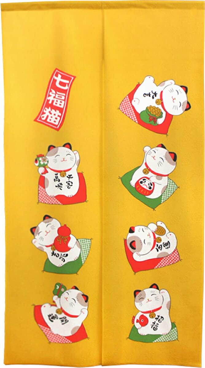 Noren Workshop Noren Katze Glücksbringer Glückskatze Katze Feng Shui Wandteppich Raumteiler Augenbinde Halbvorhang Traditionell Glück Breite 85 x Länge 150 cm gelb von Joom DACH