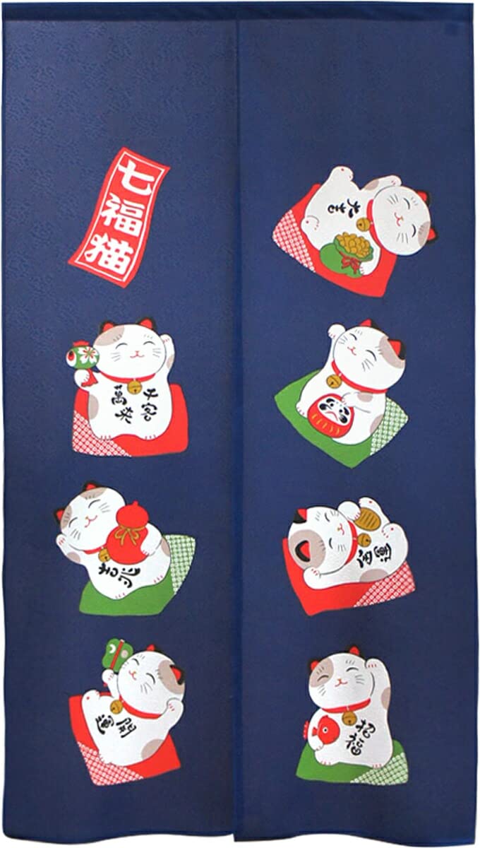 Noren Workshop Noren Katze Viel Glück Einladende Glückskatze Katze Feng Shui Wandteppich Raumteiler Augenbinde Halbvorhang Traditionell Glück Breite 85 x Länge dunkelblau von Joom DACH