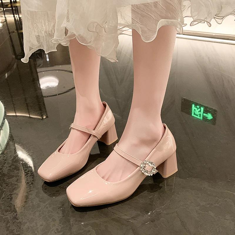 Nude High Heels Mary Jane Einzelne Schuhe Damen Französische Dicke Absätze Strass Ein Riemen Passender Rock Brautjungfer Hochzeit 35 rosa von Joom DACH
