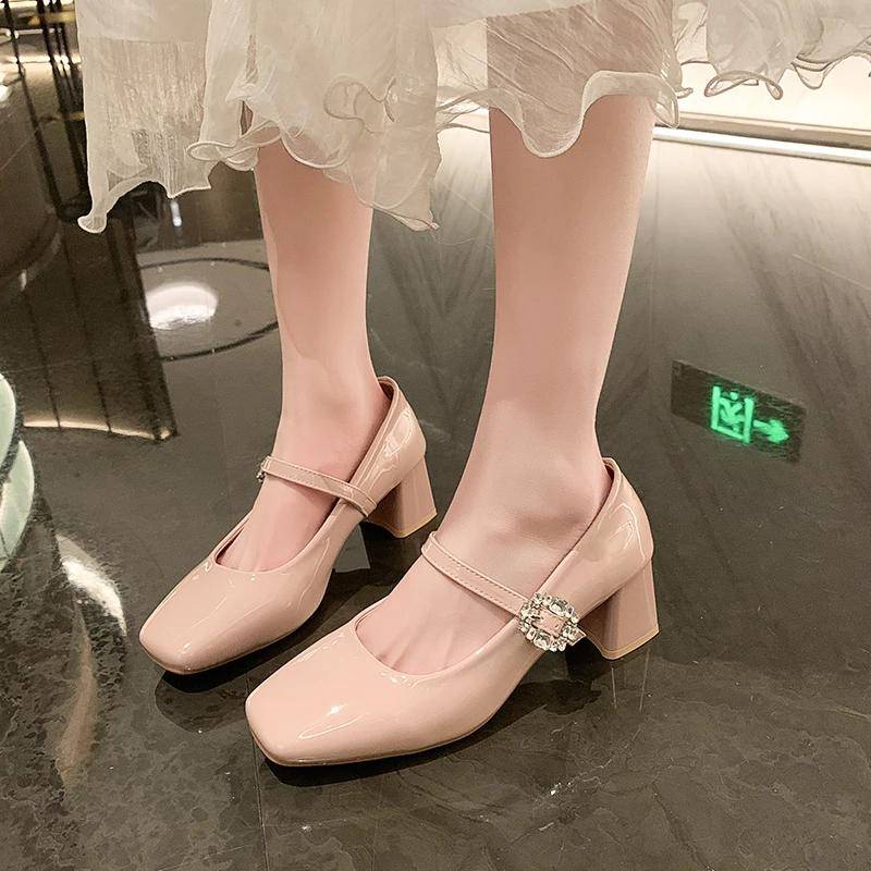 Nude High Heels Mary Jane Einzelne Schuhe Damen Französische Dicke Absätze Strass Ein Riemen Passender Rock Brautjungfer Hochzeit 35 rosa von Joom DACH