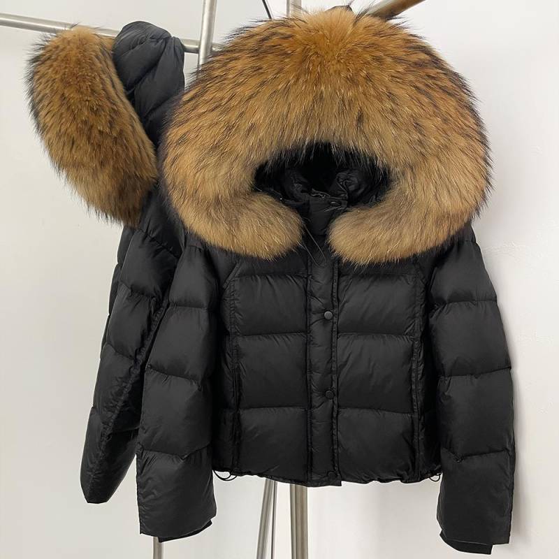 OFTBUY Flauschige Jacke Damen Kapuzenmantel mit Weißer Entendaune 2025 Neu Herbst Winter Oberbekleidung Frauen Dick Warm Echtfuchsfell Caot M von Joom DACH
