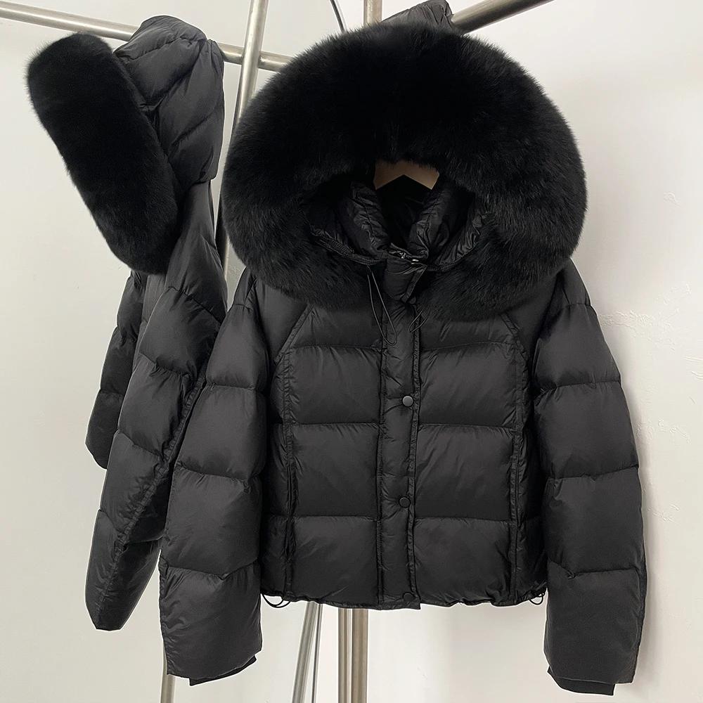 OFTBUY Flauschige Jacke Damen Kapuzenmantel mit Weißer Entendaune 2025 Neu Herbst Winter Oberbekleidung Frauen Dick Warm Echtfuchsfell Caot S von Joom DACH