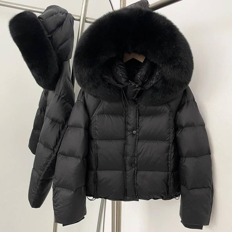 OFTBUY Flauschige Jacke Damen Kapuzenmantel mit Weißer Entendaune 2025 Neu Herbst Winter Oberbekleidung Frauen Dick Warm Echtfuchsfell Caot S von Joom DACH