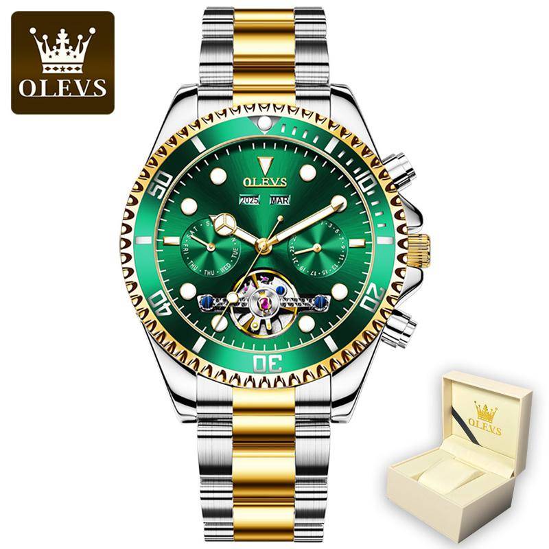 OLEVS Herren-Skelett-Automatik-Mechanische Uhr, Datumsanzeige, Edelstahl, Business-Herrenuhr grün von Joom DACH