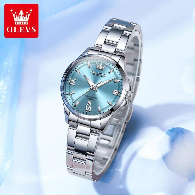 OLEVS Original Damen Quarz Uhr Massiv Edelstahl Wasserdicht Kalender Damenuhr Mode Schlicht Elegant Armbanduhr blau von Joom DACH