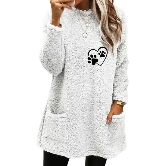 Oansatz Lange Ärmel Taschen Mittellange Winter Sweatshirt Frauen Lose Fit Stickerei Katze Muster Fleece Pullover Top 2XL weiß von Joom DACH