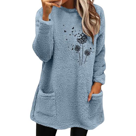Oansatz Lange Ärmel Taschen Mittellange Winter Sweatshirt Frauen Lose Fit Stickerei Katze Muster Fleece Pullover Top 2XL von Joom DACH
