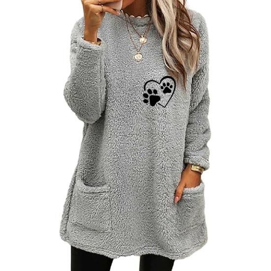 Oansatz Lange Ärmel Taschen Mittellange Winter Sweatshirt Frauen Lose Fit Stickerei Katze Muster Fleece Pullover Top 2XL grau von Joom DACH