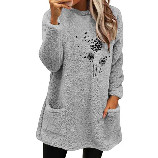 Oansatz Lange Ärmel Taschen Mittellange Winter Sweatshirt Frauen Lose Fit Stickerei Katze Muster Fleece Pullover Top 3XL von Joom DACH