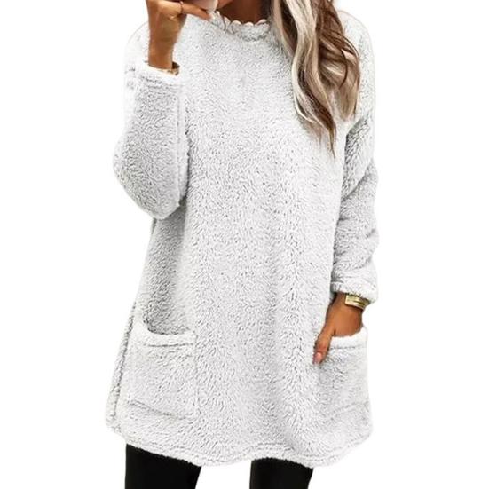 Oansatz Lange Ärmel Taschen Mittellange Winter Sweatshirt Frauen Lose Fit Stickerei Katze Muster Fleece Pullover Top 5XL weiß von Joom DACH