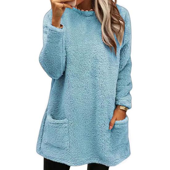 Oansatz Lange Ärmel Taschen Mittellange Winter Sweatshirt Frauen Lose Fit Stickerei Katze Muster Fleece Pullover Top L blau von Joom DACH