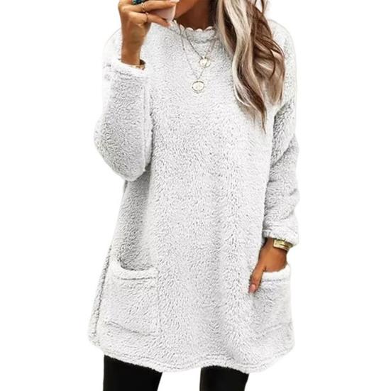 Oansatz Lange Ärmel Taschen Mittellange Winter Sweatshirt Frauen Lose Fit Stickerei Katze Muster Fleece Pullover Top L weiß von Joom DACH