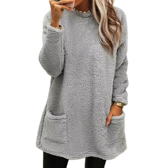 Oansatz Lange Ärmel Taschen Mittellange Winter Sweatshirt Frauen Lose Fit Stickerei Katze Muster Fleece Pullover Top XL licht grau von Joom DACH