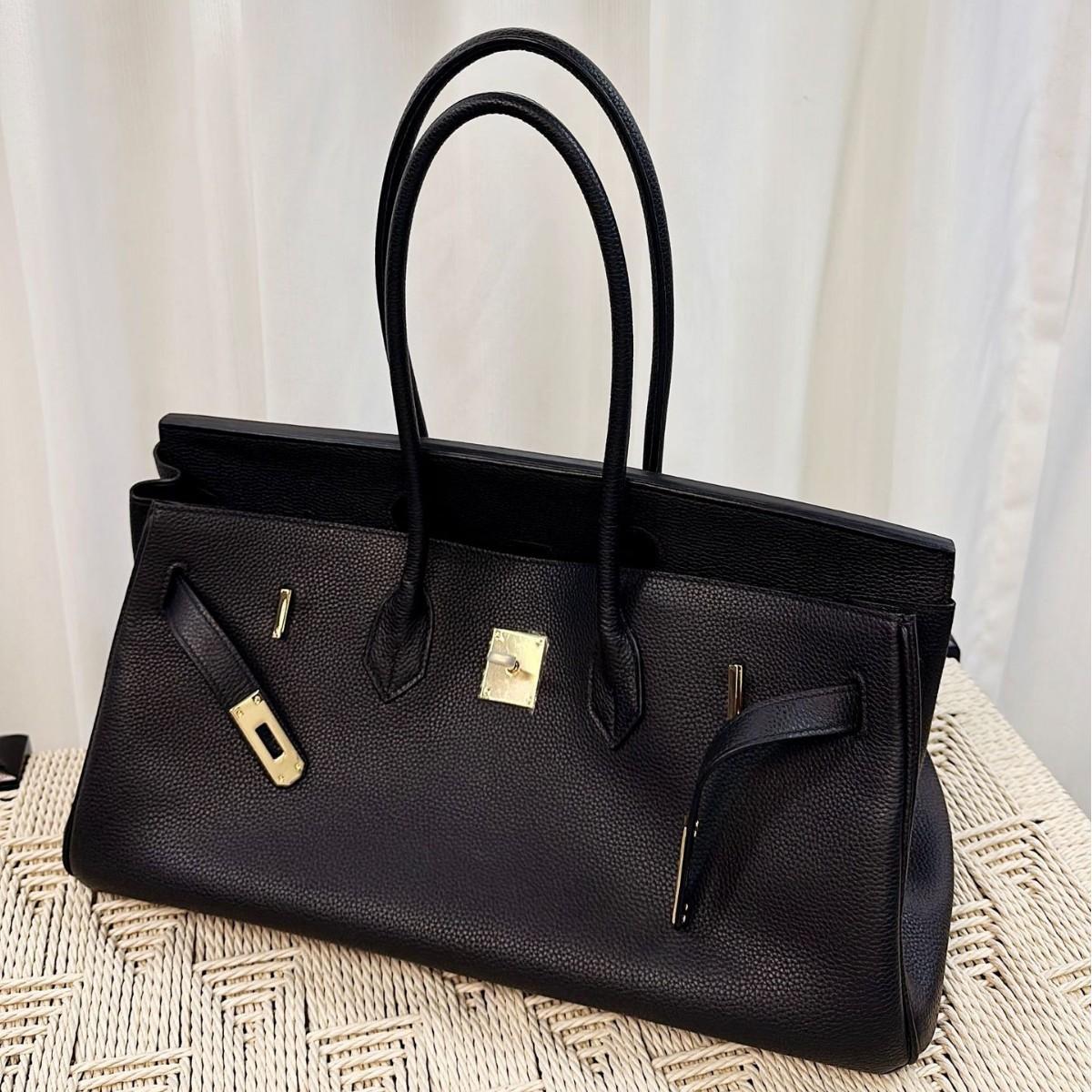 Oberste Schicht Rindsleder 42cm horizontal platinfarbene Tasche, große Kapazität Unterarmtasche, echtes Leder mit Lychee-Maserung lange Hand Schultertasche für Damen 42x20x23cm schwarz von Joom DACH