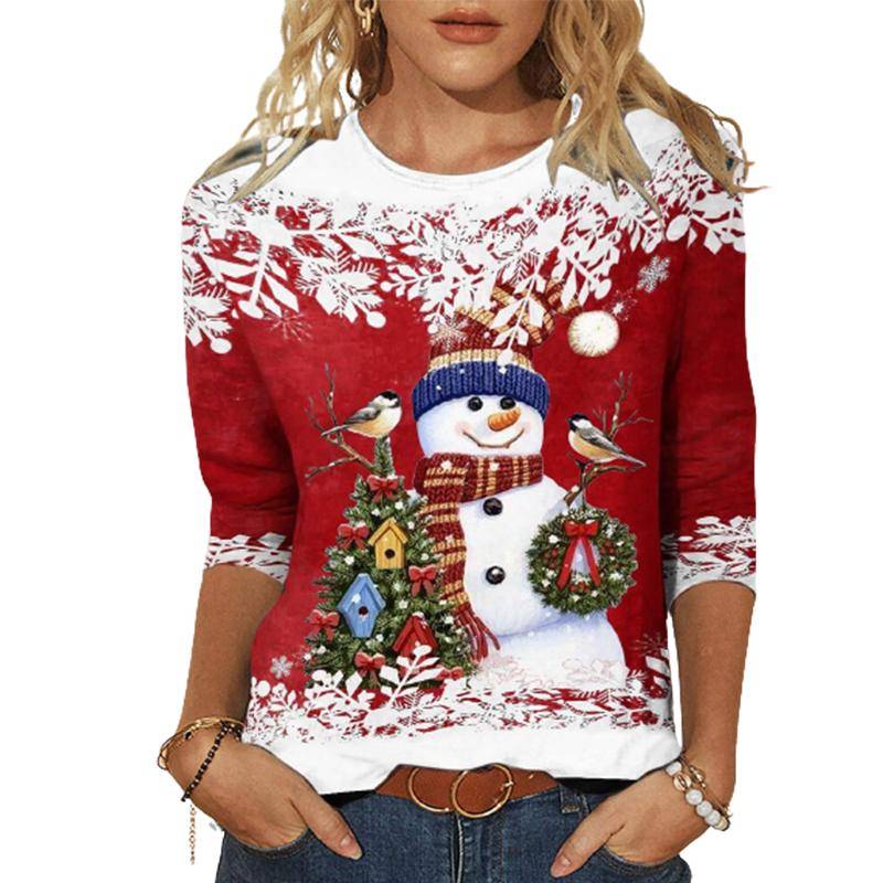 Oberteile für Damen, 3D-Schneemann-Kranz-Druck, Rundhals-Langarm-T-Shirt, Herbst, lässiges Damen-Langarm-Top für Weihnachten L rot von Joom DACH