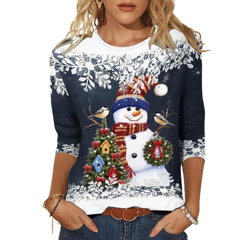 Oberteile für Damen, 3D-Schneemann-Kranz-Druck, Rundhals-Langarm-T-Shirt, Herbst, lässiges Damen-Langarm-Top für Weihnachten XS navy blau von Joom DACH