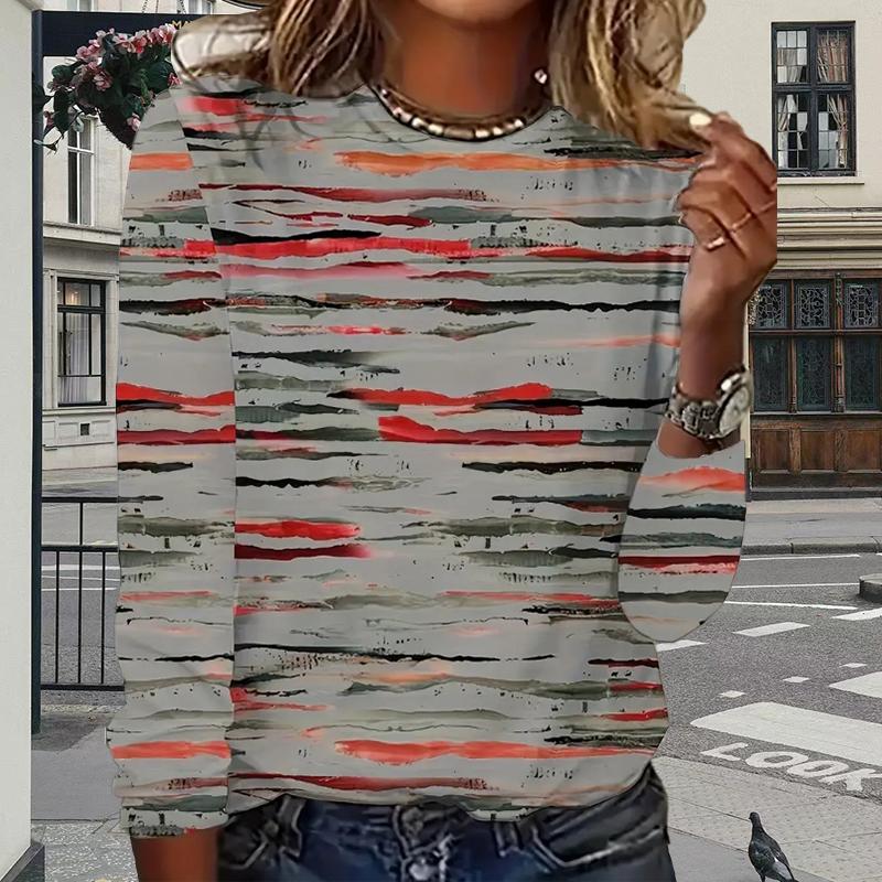 Oberteile für Damen, Camouflage-Linien-Print, Rundhalsausschnitt, Langarm-T-Shirt, Herbst, lässiger, schlanker Pullover, Langarm-Oberteil für Damen 5XL von Joom DACH