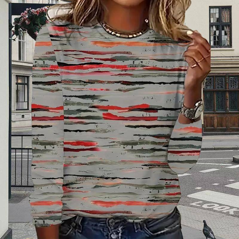 Oberteile für Damen, Camouflage-Linien-Print, Rundhalsausschnitt, Langarm-T-Shirt, Herbst, lässiger, schlanker Pullover, Langarm-Oberteil für Damen 5XL grau von Joom DACH
