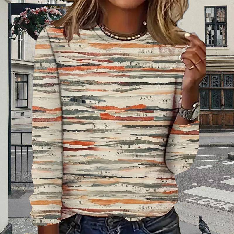 Oberteile für Damen, Camouflage-Linien-Print, Rundhalsausschnitt, Langarm-T-Shirt, Herbst, lässiger, schlanker Pullover, Langarm-Oberteil für Damen XL von Joom DACH