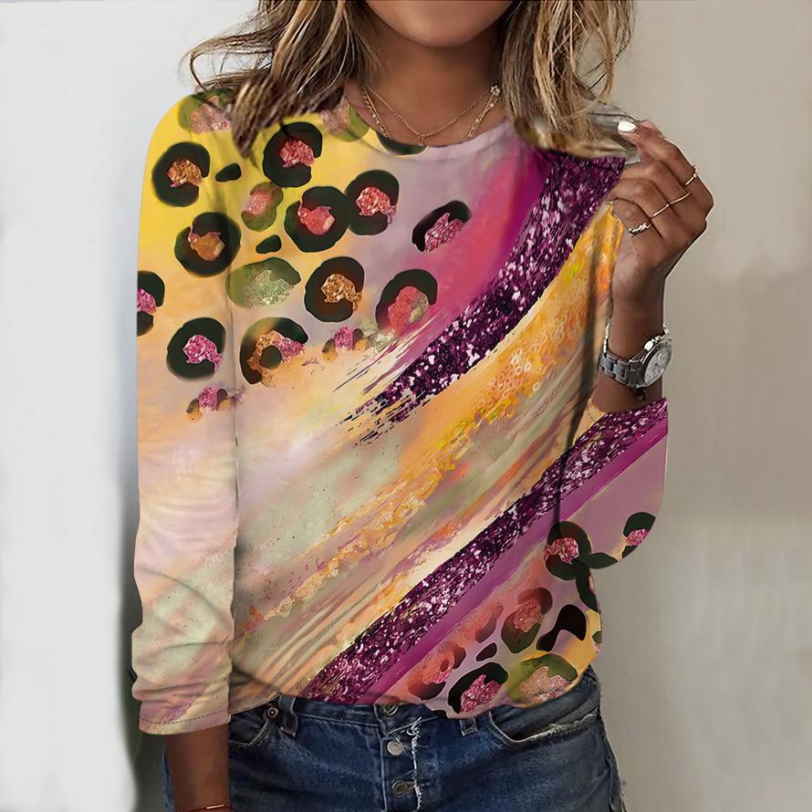 Oberteile für Damen, Leopardenmuster, Rundhalsausschnitt, Langarm-T-Shirt, Herbst, lässig, schmaler Pullover, Langarm-Oberteil für Damen 8XL von Joom DACH