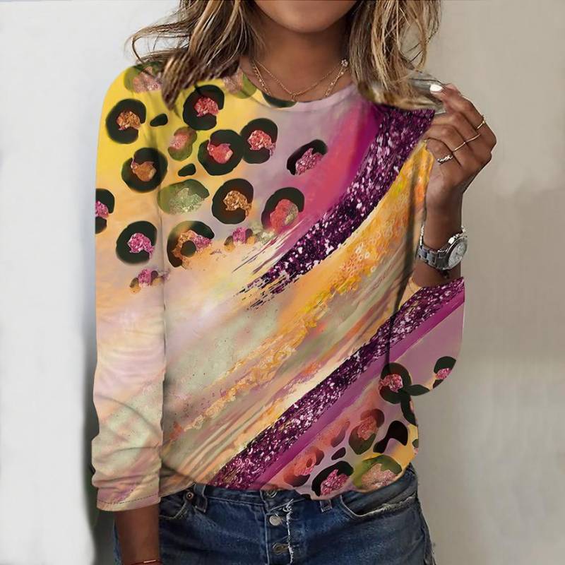 Oberteile für Damen, Leopardenmuster, Rundhalsausschnitt, Langarm-T-Shirt, Herbst, lässig, schmaler Pullover, Langarm-Oberteil für Damen 8XL von Joom DACH