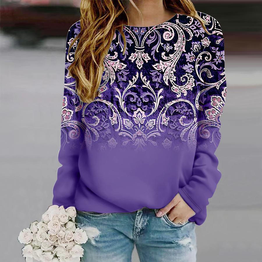 Oberteile für Damen, Rundhalsausschnitt, Langarm-T-Shirt mit antikem Baumblatt-Druck, Herbst, lässiger, schlanker Pullover, Langarm-Oberteil für Damen 8XL navy blau von Joom DACH