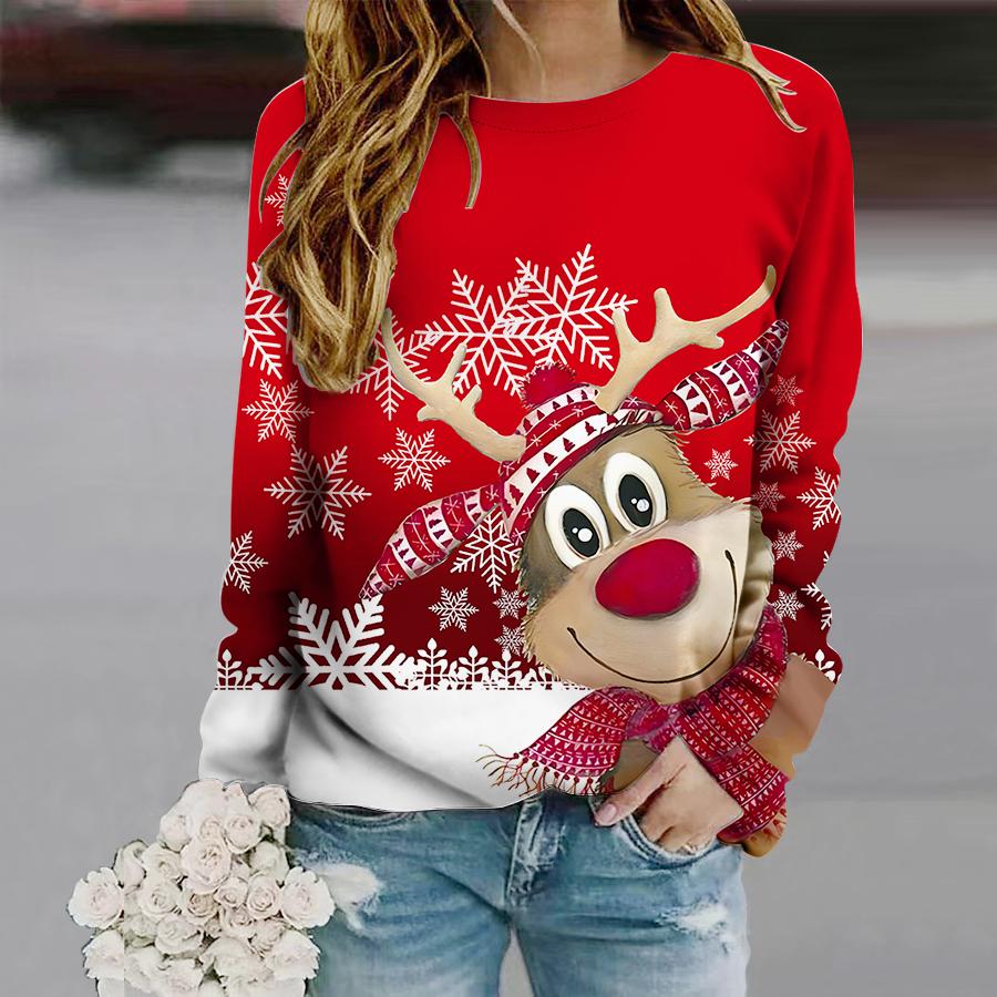 Oberteile für Damen, Weihnachts-Cartoon-Rentier-Print, Rundhalsausschnitt, Langarm-T-Shirt, Herbst, lässiger, schlanker Pullover, Langarm-Oberteil für Damen 6XL rot von Joom DACH