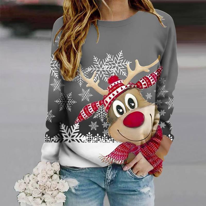 Oberteile für Damen, Weihnachts-Cartoon-Rentier-Print, Rundhalsausschnitt, Langarm-T-Shirt, Herbst, lässiger, schlanker Pullover, Langarm-Oberteil für Damen XL grau von Joom DACH