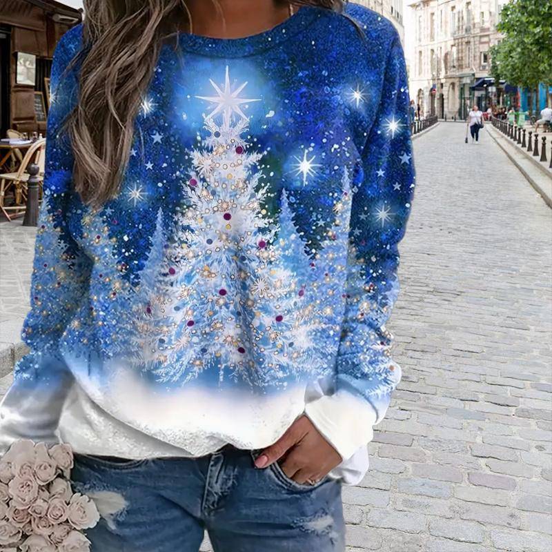 Oberteile für Damen, schönes T-Shirt mit Weihnachtsbaum-Print, Rundhalsausschnitt, langärmelig, Herbst, lässig, schmaler Pullover, langärmeliges Damenoberteil 8XL von Joom DACH
