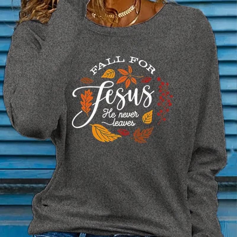 Oberteile für Damen, vereinfachtes Buchstaben-Blätter-Print, Rundhalsausschnitt, langärmeliges T-Shirt, Herbst, lässiger, schlanker Pullover, langärmeliges Damenoberteil M grau von Joom DACH