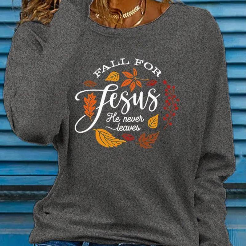 Oberteile für Damen, vereinfachtes Buchstaben-Blätter-Print, Rundhalsausschnitt, langärmeliges T-Shirt, Herbst, lässiger, schlanker Pullover, langärmeliges Damenoberteil M grau von Joom DACH