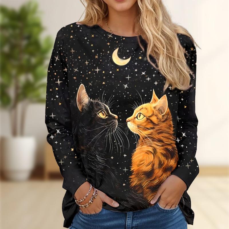 Oberteile für Damen Sternenhimmel Orange Katzendruck Rundhals Langarm T-Shirt Herbst Lässiger schlanker Pullover Damen Langarmshirt 2XL schwarz von Joom DACH
