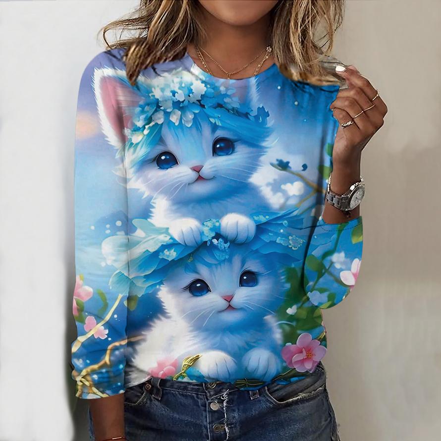 Oberteile für Frühling und Herbst, Rundhals-Langarm-T-Shirt mit niedlichem Katzen-Print, Herbst-Langarm-Pullover für Damen XS blau Oberteile für Frühling und Herbst, Rundhals-Langarm-T-Shirt mit niedlichem Katzen-Print, Herbst-Langarm-Pullover für Damen XS blau von Joom DACH