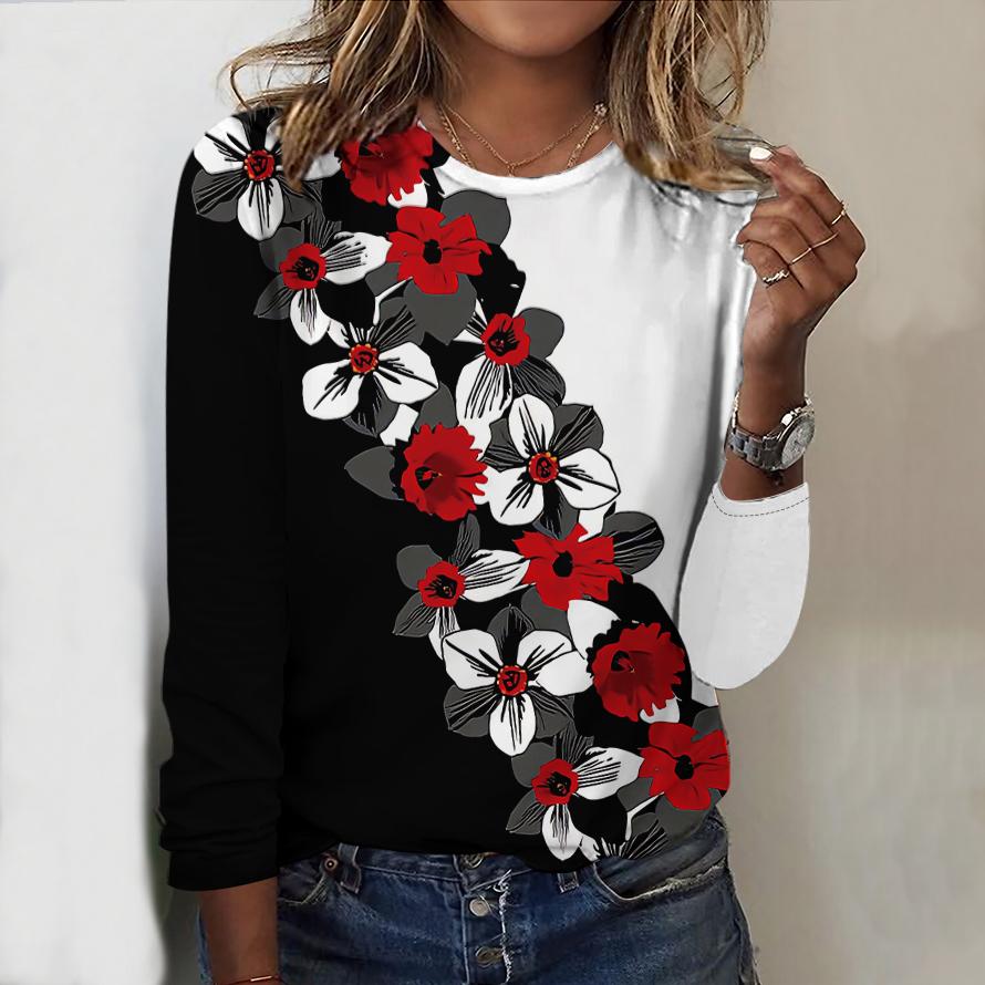 Oberteile für Frühling und Herbst, Saflor-Blumendruck, Rundhalsausschnitt, Langarm-T-Shirt, Herbst, lässiger, schmaler Pullover, Langarm-Oberteil für Damen 5XL schwarz von Joom DACH