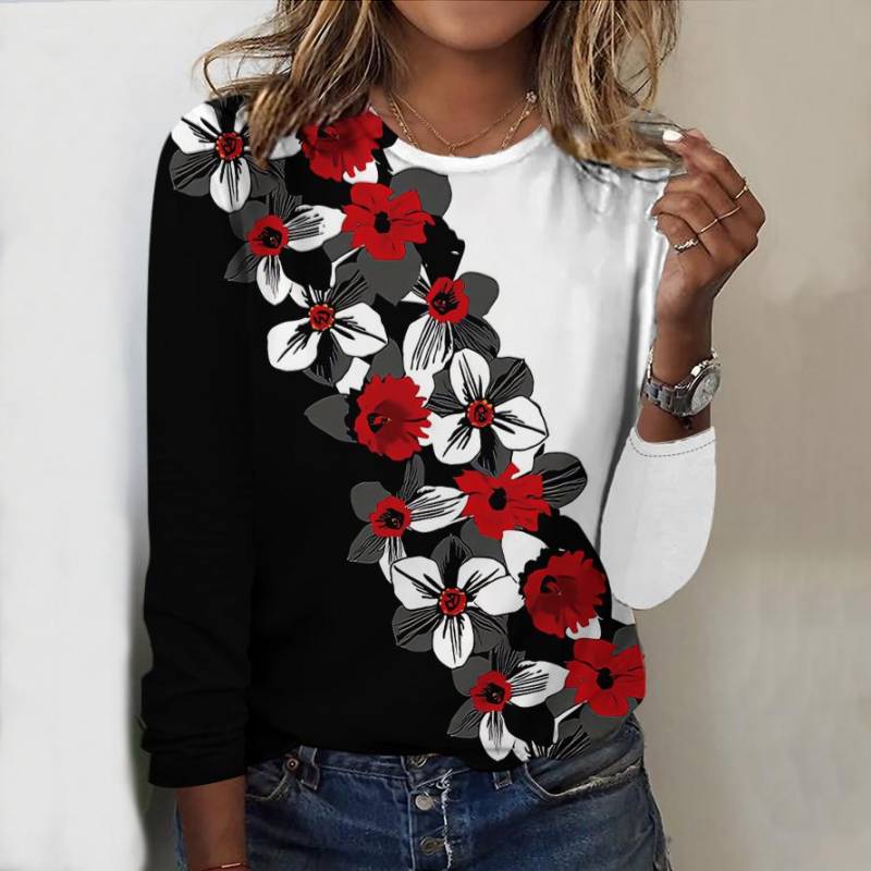 Oberteile für Frühling und Herbst, Saflor-Blumendruck, Rundhalsausschnitt, Langarm-T-Shirt, Herbst, lässiger, schmaler Pullover, Langarm-Oberteil für Damen 5XL schwarz von Joom DACH