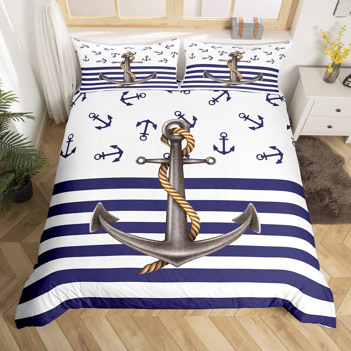 Ocean Beach Schiffsanker Bettbezug Set Nautisch Polyester Bettdeckenbezug für Männer Frauen Sonnenuntergang Blauer Himmel Weiße Wolken King Size EU single(135x200cm) von Joom DACH