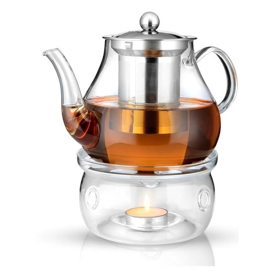 Octavius Borosilikatglas Teekanne/Kessel mit Hitzebeständigem Herausnehmbarem Edelstahl-Sieb und Stövchen | 2 Teelichter - 800 ml von Joom DACH