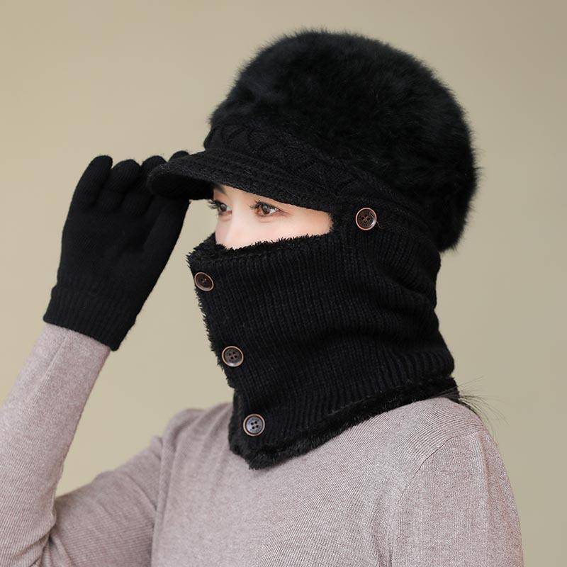 Ohrenschutz Winddicht Lässig Vielseitig Plüsch Pullover Mützen Einfarbig Damen Dickes Innenfutter Gestrickte Maskenmützen single hat (without gloves) schwarz von Joom DACH