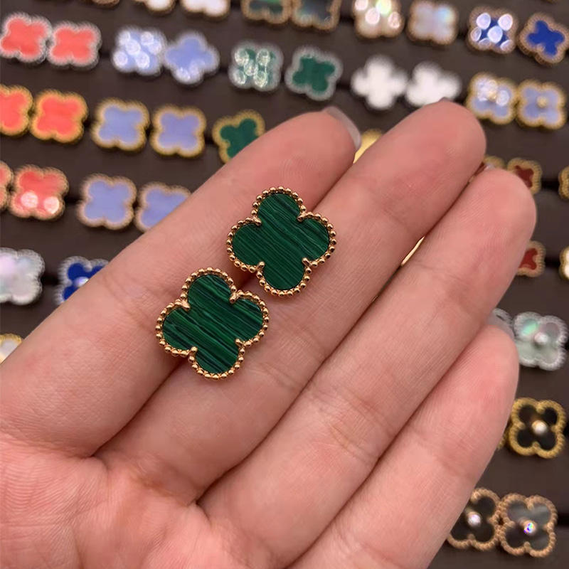 Ohrringe mit vierblättrigem Gras, leichte, luxuriöse Ohrstecker aus weißem Fritillaria, rotem Achat und Malachit, für Damen von Joom DACH