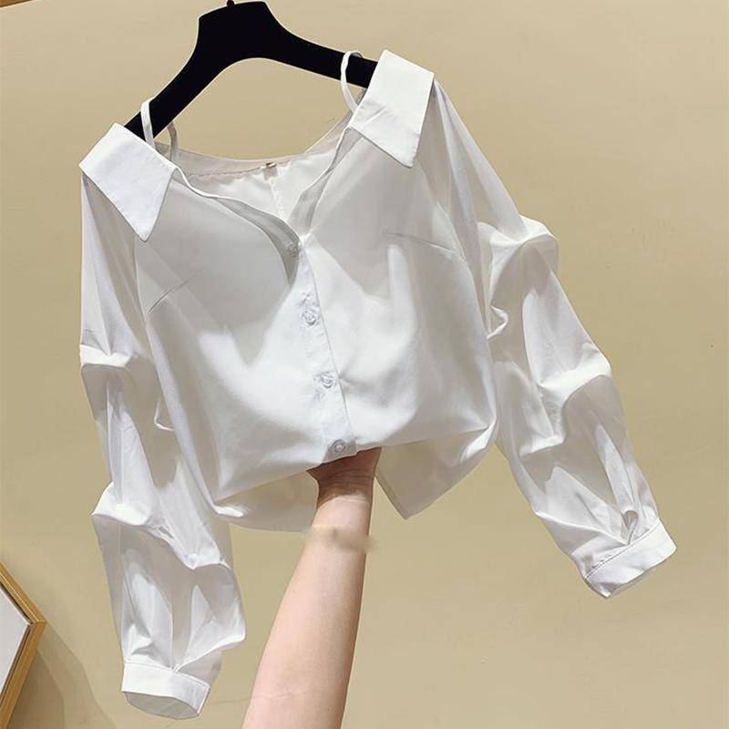 One Line Shoulder Top Damen Frühling, Sommer und Herbst Design Feeling Sling Weißes Hemd Secret Clavicle Shirt S weiß von Joom DACH