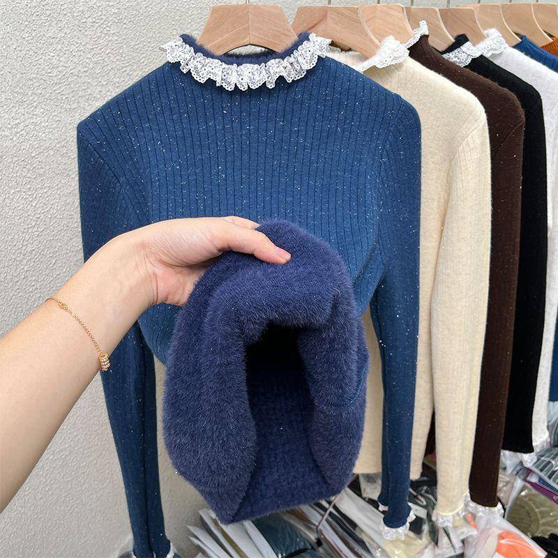 One Piece Samt Verdickter Spitze Rollkragenpullover für Damen mit Winterpilzrand Gestrickter Basis-Pullover für Damen-Top 3XL von Joom DACH