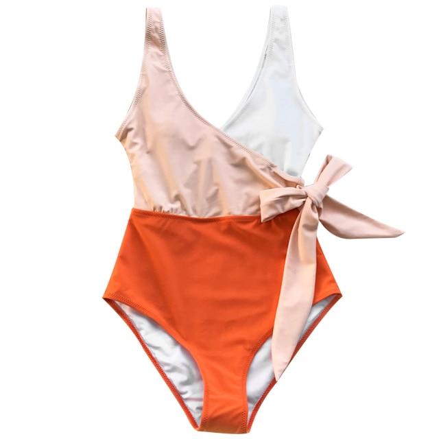 Orange und Weiß Colorblock Einteiliger Badeanzug Damen Patchwork Gürtel Schleife Monokini 2023 V-Ausschnitt Strand Badeanzug Bademode S orange von Joom DACH