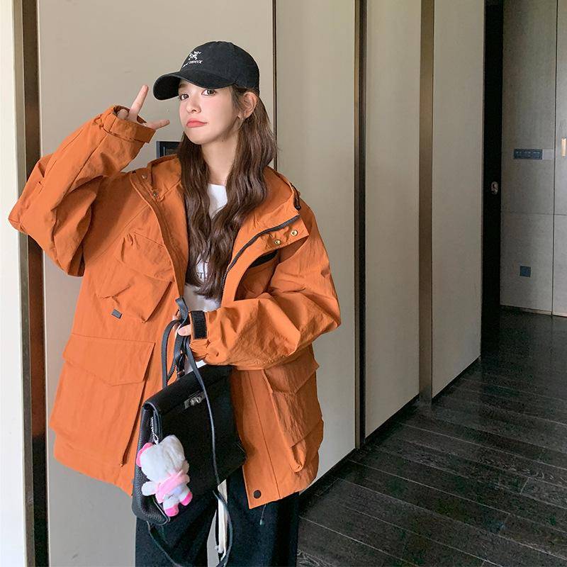 Orangefarbene Jacke im Workwear-Stil für kleine Frauen im Herbst, neues Oberteil im koreanischen Stil mit lockerem, altersreduzierendem Design im College-Stil XL von Joom DACH