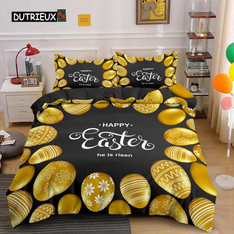 Oster-Bettbezug-Set, Queen-Size, goldenes Ei, Zwillingsbettwäsche-Set für Kinder, Jungen und Mädchen, Osterthema, Polyester, bequemer Bettbezug EU single(135x200cm) von Joom DACH